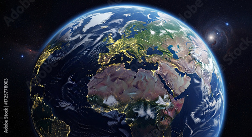 Fototapeta Naklejka Na Ścianę i Meble -  A stunning view of planet Earth from space showing Europe at night