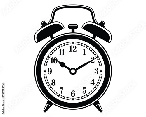 Monochrome vector illustration depicting a classic retro twin-bell alarm clock with a simple face, isolated on a white background