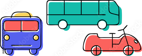 Colorful cartoon vehicles: bus car and scooter icons.