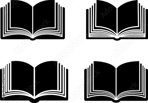 open book vector illustration, silhouette Open black book side perspective drawing icons minimal back book notebook on the upside down outline laying