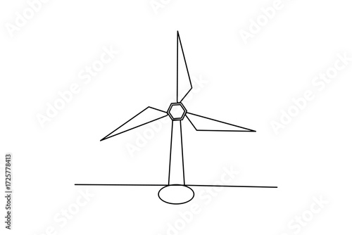 Minimalist one line drawing of a wind turbine symbolizing clean renewable energy and eco friendly design