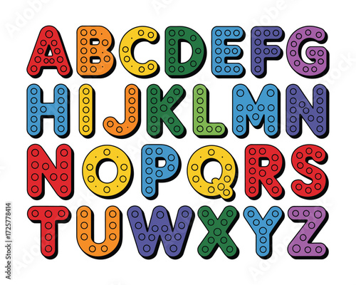 Brightly colored kids alphabet vector illustration with a fun dotted pattern, complete uppercase letter set for school and decoration image featuring the