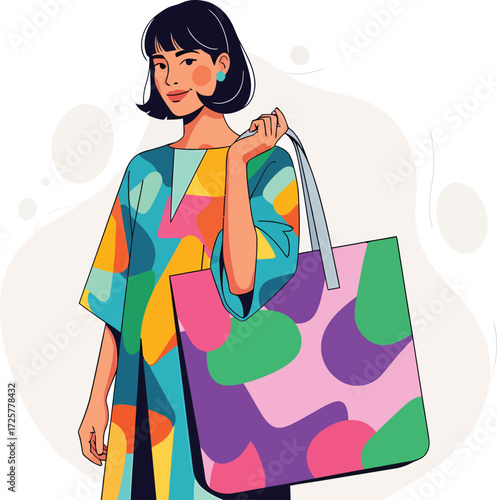 Vector, illustration, model woman with a bag, totebag, abstract colors, poster, background,