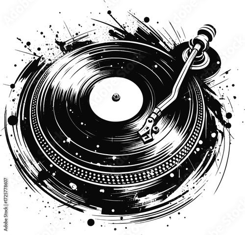 A bold, high-contrast graphic of a spinning vinyl record on a turntable with a stylized splash background. Ideal for music, DJ, audio, and retro branding visuals.