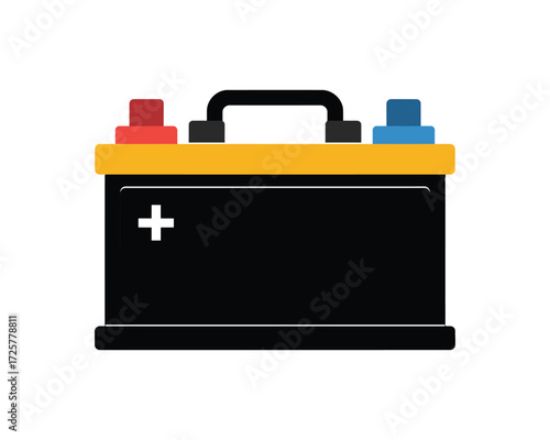 Minimalist flat design icon of a car battery, essential for automotive power and vehicle energy systems, with positive and negative terminals highlighted