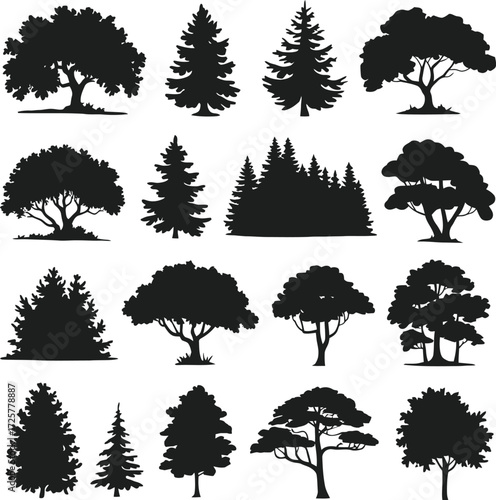 Vector art of silhouette trees set of different tree silhouettes, deciduous and coniferous trees for forest and park design vector illustration