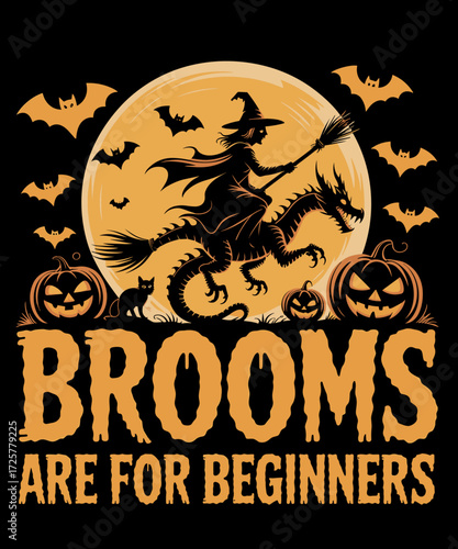 Retro Brooms are for Beginners Witch Riding Dragon Funny Halloween