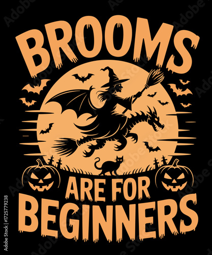 Brooms are for Beginners Witch Riding Dragon Funny Halloween