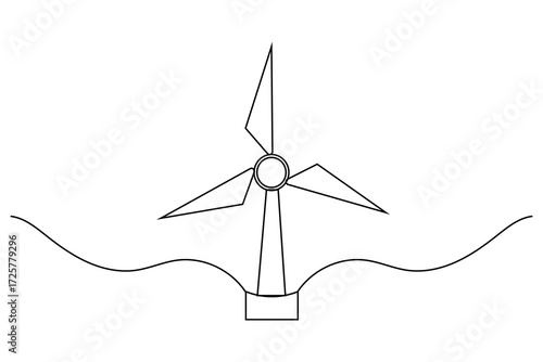 Minimalist one line drawing of a wind turbine symbolizing clean renewable energy and eco friendly design