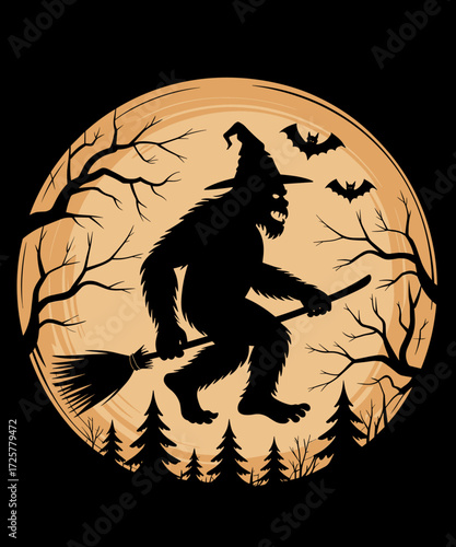 Funny Bigfoot Halloween Spooky Sasquatch Witch Hat Broom