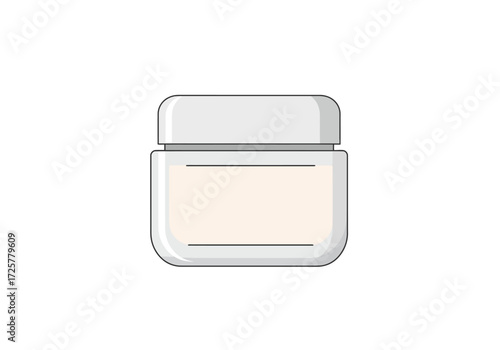 A cosmetic cream container with a white cap a rectangular container and a light cream interior