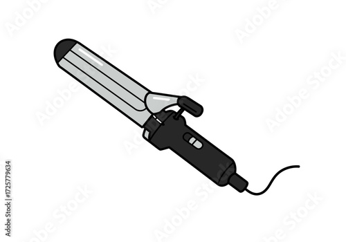 A curling iron with a black handle and gray barrel is displayed A black cord extends from its base