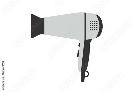 A gray and black hair dryer with nozzle handle buttons and circular vent grill