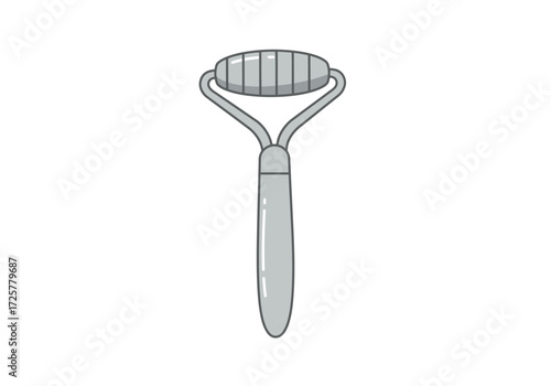 A gray facial roller with a cylindrical segmented rolling piece and a smooth handle