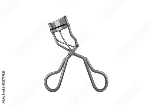 A silver eyelash curler stands open with black rubber padding against a white backdrop