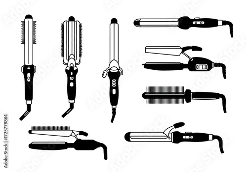 A visual compilation of various hair curling tools presented in a monochrome graphic style