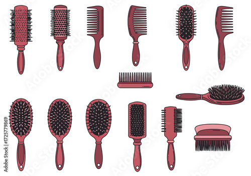 An array of combs and hairbrushes various types and shapes with handles and bristles
