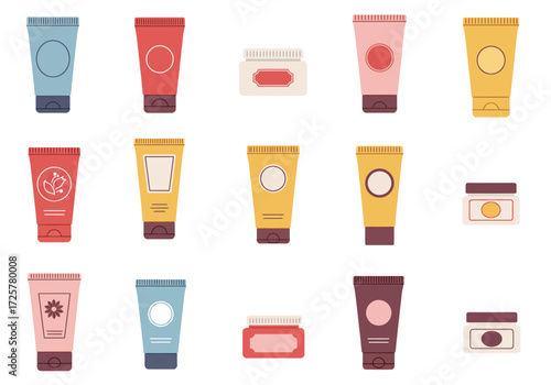 Assorted cosmetic products include tubes and jars in a flat vector style