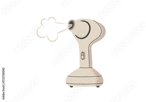 Beige handheld steamer emitting vapor resting on a beige base