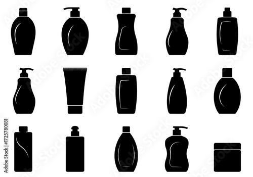 Black silhouettes of assorted lotion and cosmetic bottles in a 3x5 grid arrangement