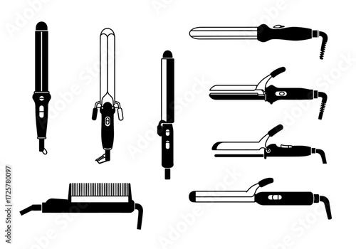 Blackandwhite graphic of various hair styling tools