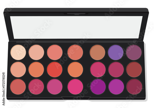 Eye shadow palette black case with 21 round pans of colors ranging from nude to purple Open case shows a mirror
