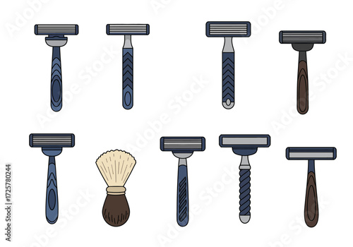 Eight shaving items 7 razors and 1 shaving brush arranged on a white background