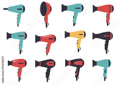 Hair dryer collection assorted colors and styles are displayed in a grid