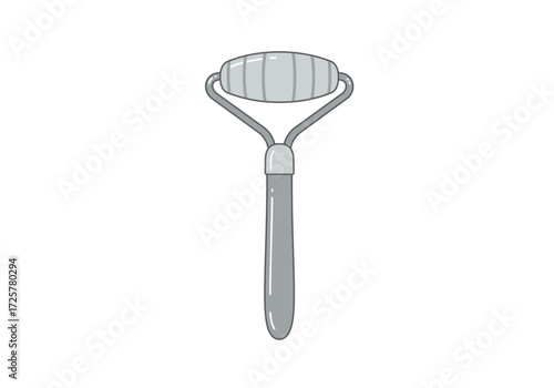 Gray facial roller with a cylindrical rolling head and a Yshaped handle on a white background