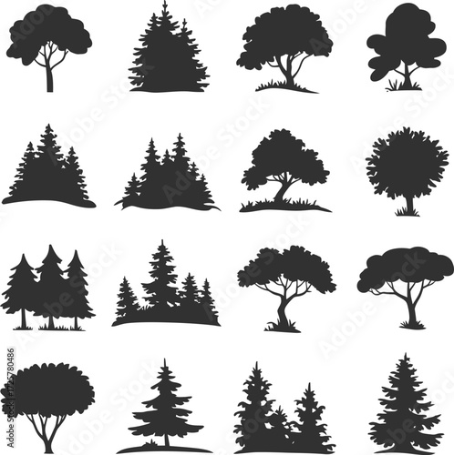 Vector art of collection of tree silhouettes set of different forest trees silhouettes vector illustration of various tree shapes for design