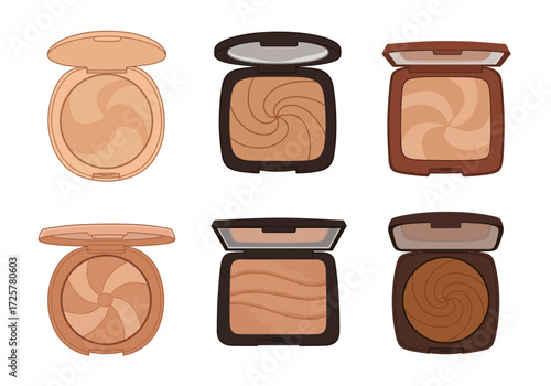 Six makeup compacts of varying shades shapes and opening statuses