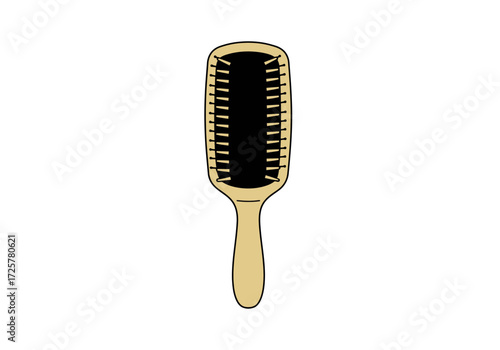 Tan hairbrush w black bristles against white head  handle visible