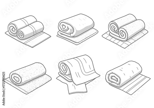 Six towel arrangements some rolled some folded on mats
