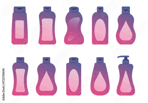 Ten shampoo or lotion bottles of various shapes in a gradient from purple to pink arranged in two rows