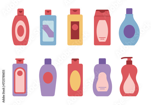 Ten assorted cartoonstyle shampoo or lotion bottles in two rows on a white background