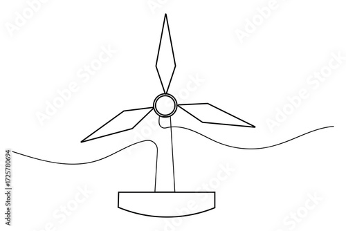 Minimalist one line drawing of a wind turbine symbolizing clean renewable energy and eco friendly design