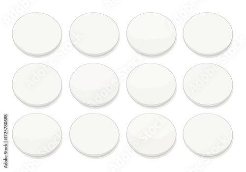 Twelve round white pills are arranged in a grid pattern on a white surface