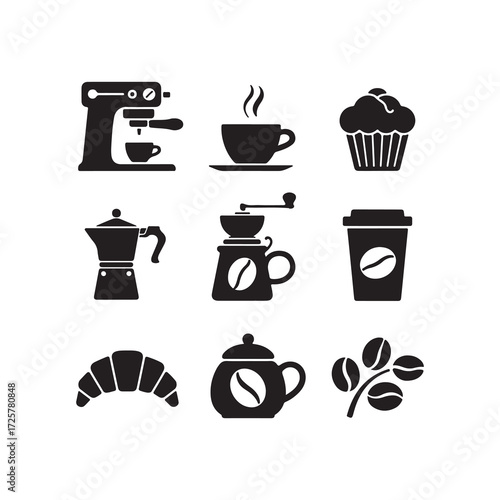 Vector illustration of coffee brewing machines, grinders, mugs, and coffee beans, perfect for baristas, coffee shop branding, menus, and beverage product packaging designs.