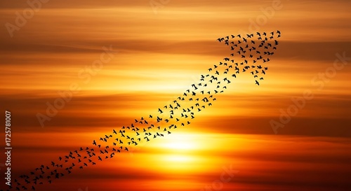A flock of birds forms an upward arrow shape against a vibrant sunset sky, symbolizing growth and progress