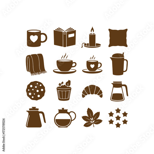 Vector illustration of coffee brewing equipment, cups, mugs, pastries, and coffee beans, ideal for baristas, coffee shop branding, bakery designs, and breakfast-themed projects.