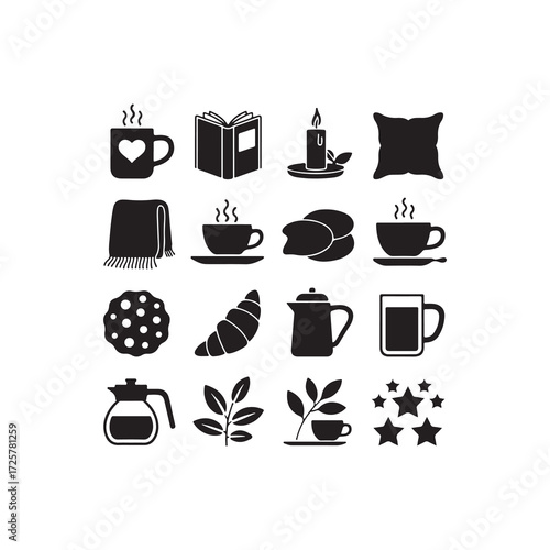 Vector collection of tea time essentials including teapots, mugs, honey, lemons, sugar cubes, and leaves, perfect for tea branding, herbal tea packaging, and cozy home decor designs.