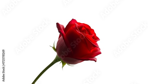 A single red rose in full bloom stands isolated with dramatic lighting.