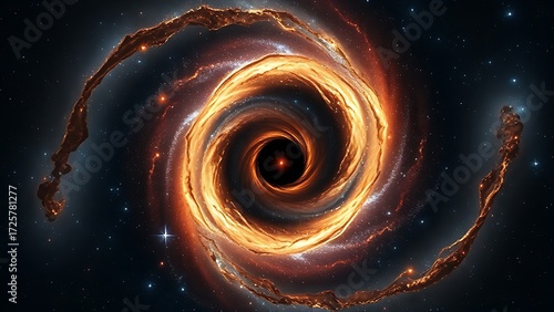A spiral galaxy forming an infinity symbol, with ancient black holes as its radiant focal points.