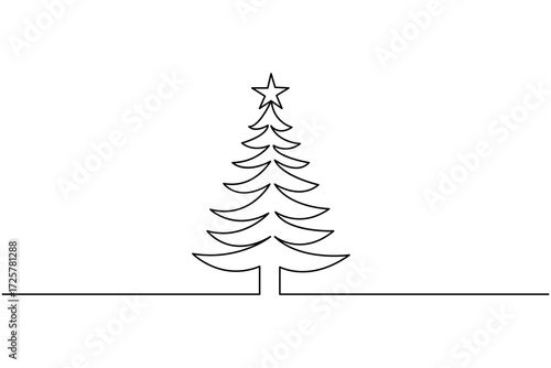 Minimalist one line drawing of a Christmas tree with a star on top, simple festive art for holiday designs