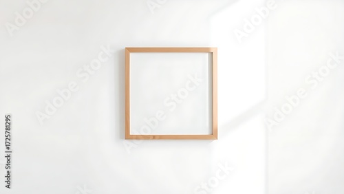 Simple wooden frame on a white wall, highlighted by soft overhead lighting and subtle shadow play.