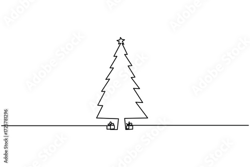 Minimalist one line drawing of a Christmas tree with a star on top, simple festive art for holiday designs