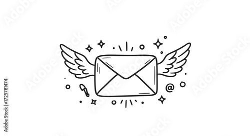Flying Envelope with Wings Black and White Illustration