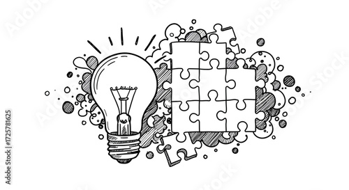 Sketch of Lightbulb and Puzzle, Black and White Concept Art