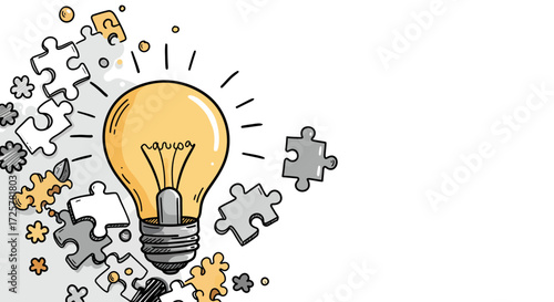 Yellow Lightbulb Surrounded by Gray Puzzle Pieces on White