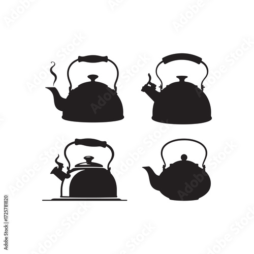 Vector illustration of traditional kettles and tea pots in minimal style, perfect for tea branding, cafe designs, kitchen products, and restaurant menu decorations.